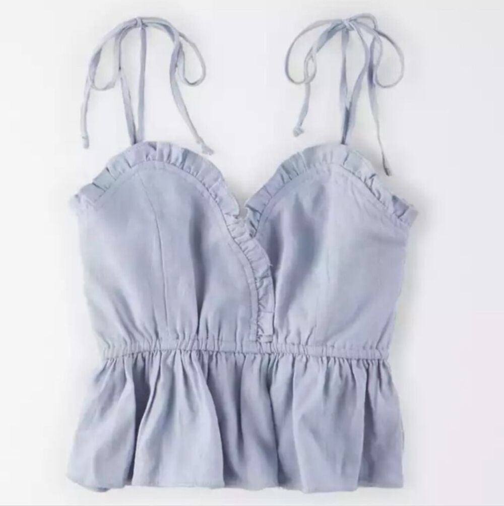 AE Cotton Candy Linen Blend Ruffled Peplum Top Tie Straps Small - Picture 2 of 5